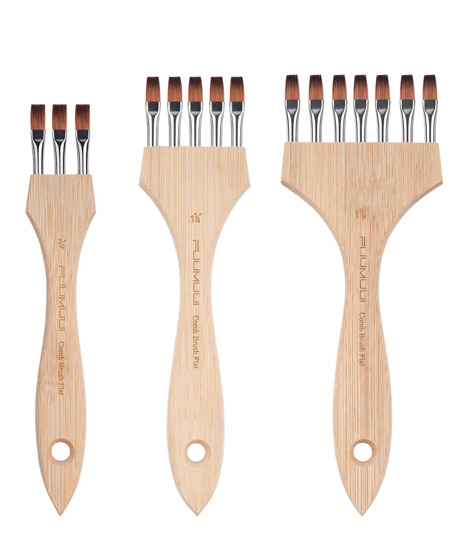 Fuumuui Multi-Head Nylon Hair Flat Head Comb Brush – Designed for special effects and creative textures, Suitable for watercolour, acrylic, and gouache painting.