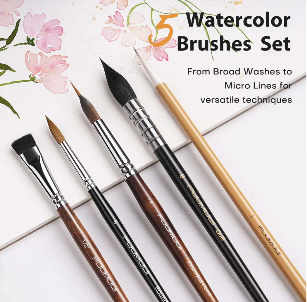 Fuumuui 5pcs Professional Watercolor Brush Set – Mixed Tips for detail, wash, calligraphy & texture effects.