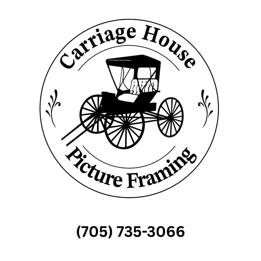 A circular logo for Carriage House Picture Framing featuring a black silhouette of an old-fashioned horse-drawn carriage, with the business name curved around the top and bottom. The phone number (705) 735-3066 is displayed below the logo.