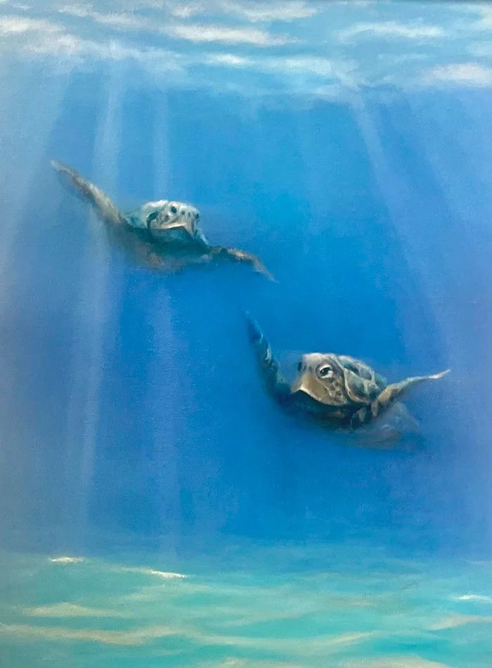 "Two if by Sea" by Donna Ebert., US artist. Two baby sea turtles swimming underwater towards the surface.