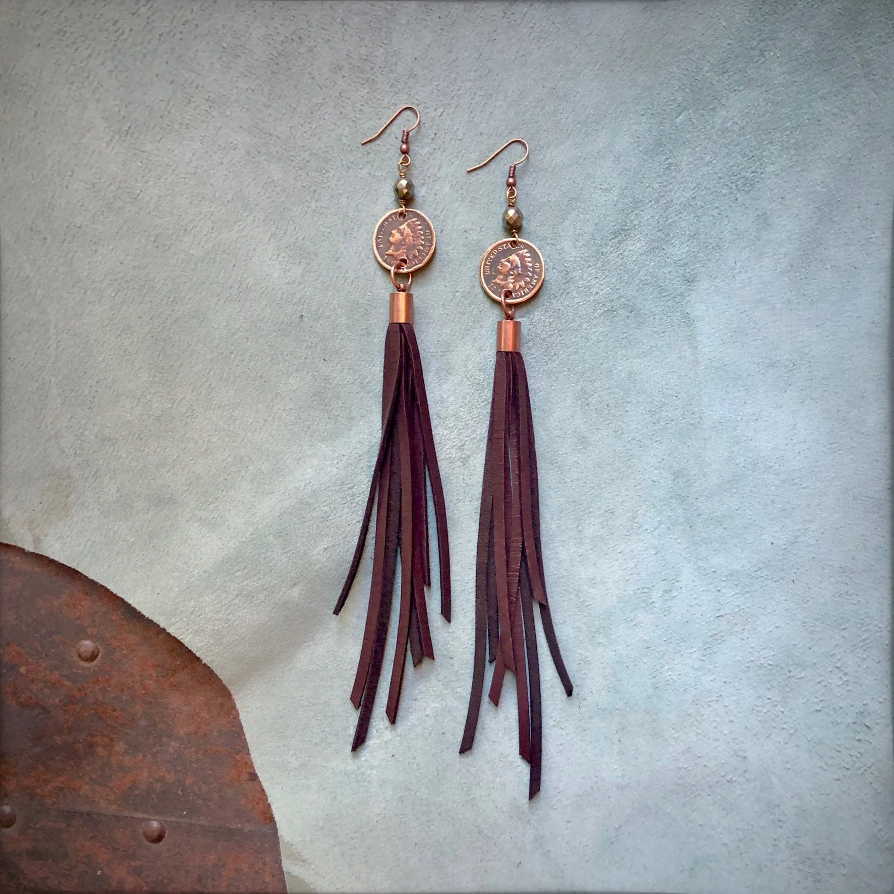 Indian Head Cent & Leather Tassel Earrings-01.jpg