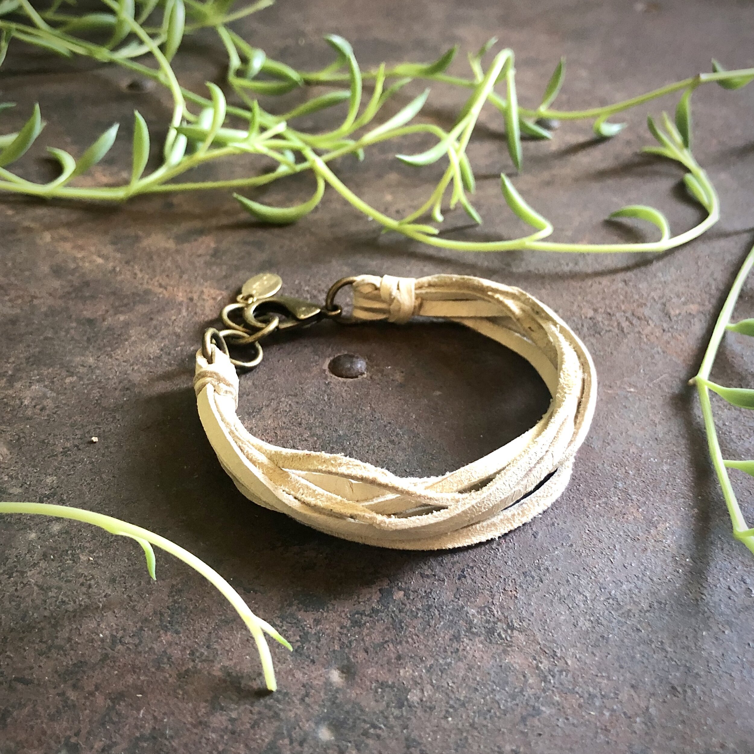 Multi Strand Leather Bracelet - Cream Brass 10.jpg