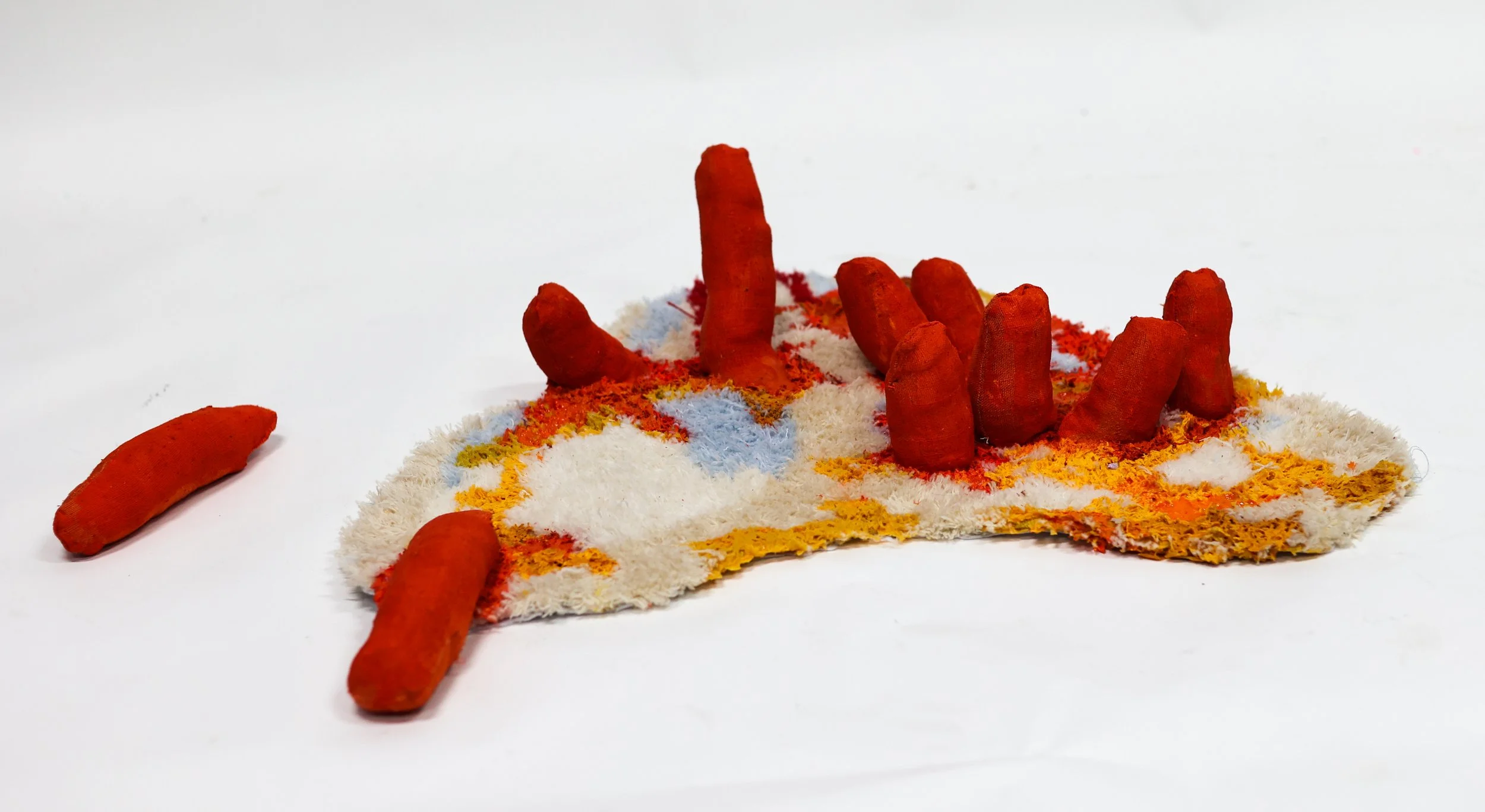 Fission Mat / 2026 / Tufted wool, fabric,
acrylic, thread, Polyfil / 35 X 25 inches +
additional 3 X 8 inch worm