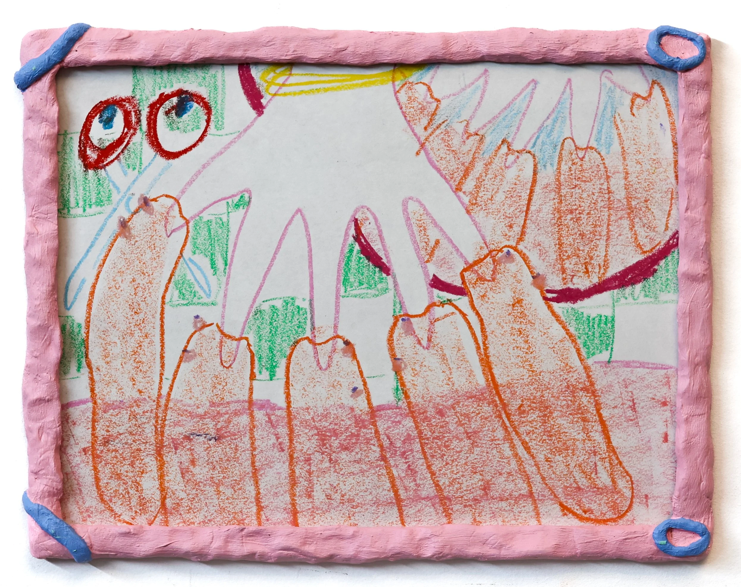 Five Finger Suction / 2026 / Oil pastel on paper, wood, epoxy, and acrylic frame / 9.5 X 12.5 inches