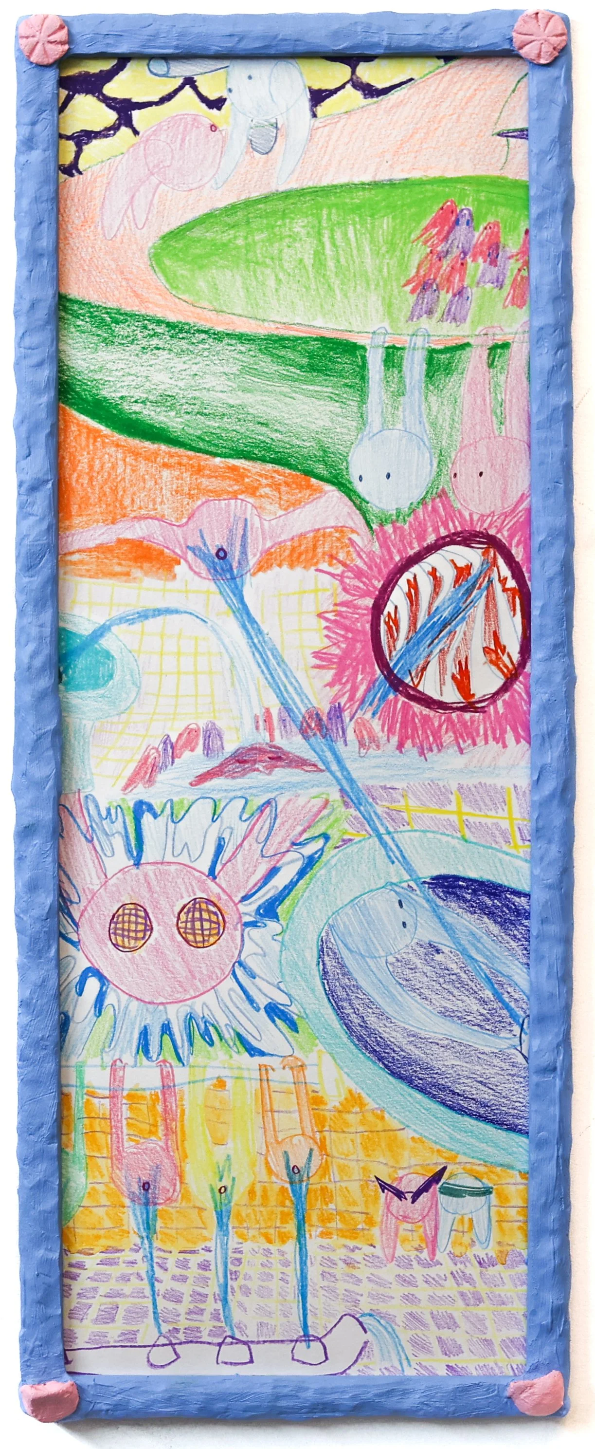 Cool Guys Invent Quad Bidet / 2026
Colored pencil and watercolor crayon on paper, wood, epoxy, and acrylic frame / 21.5 X 9.5 inches