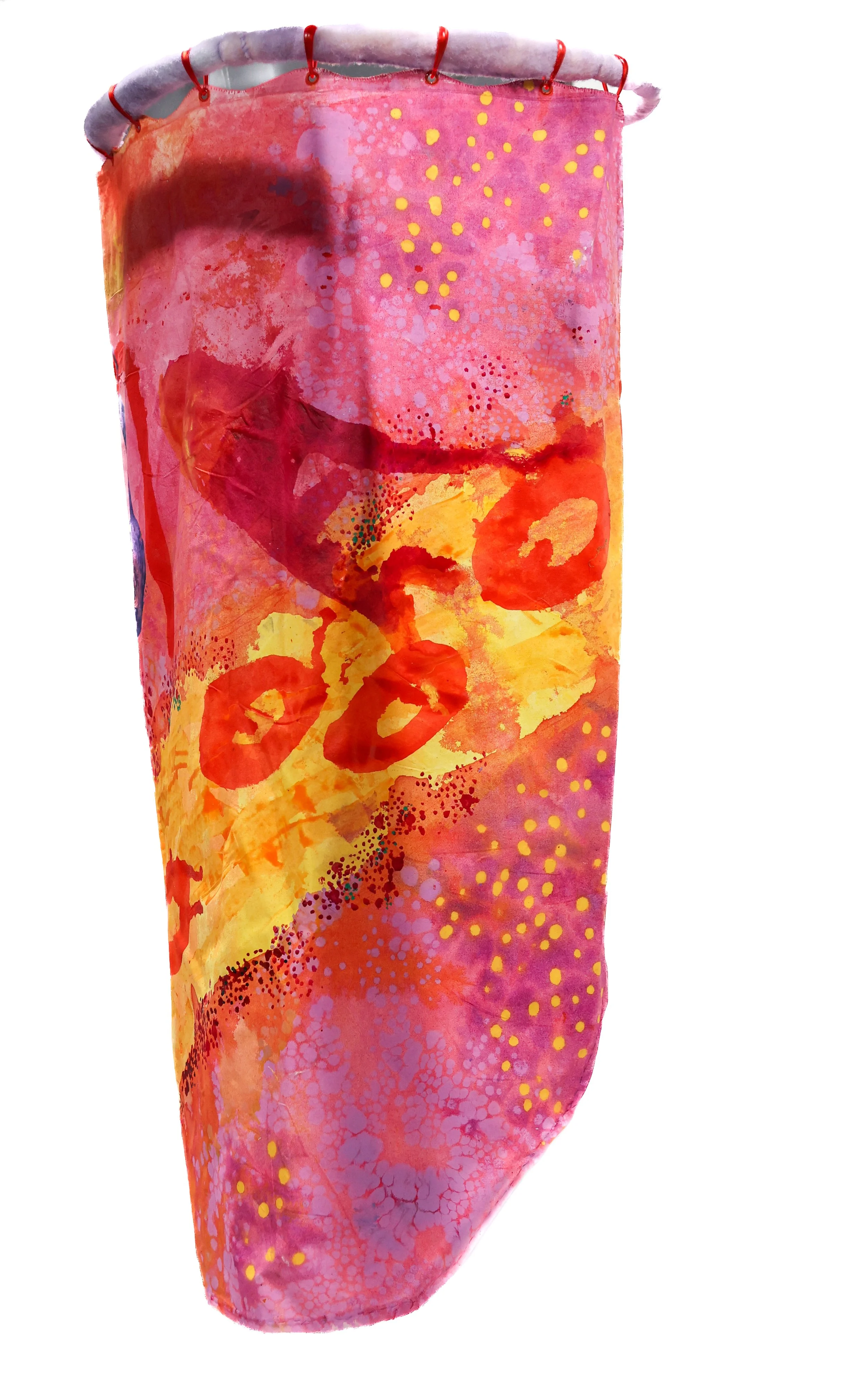 Shower Curtain for Guys / 2026 / Acrylic on cotton, upholstery batting, spray paint, fishing wire, found materials /32 x 32 x 63 inches 