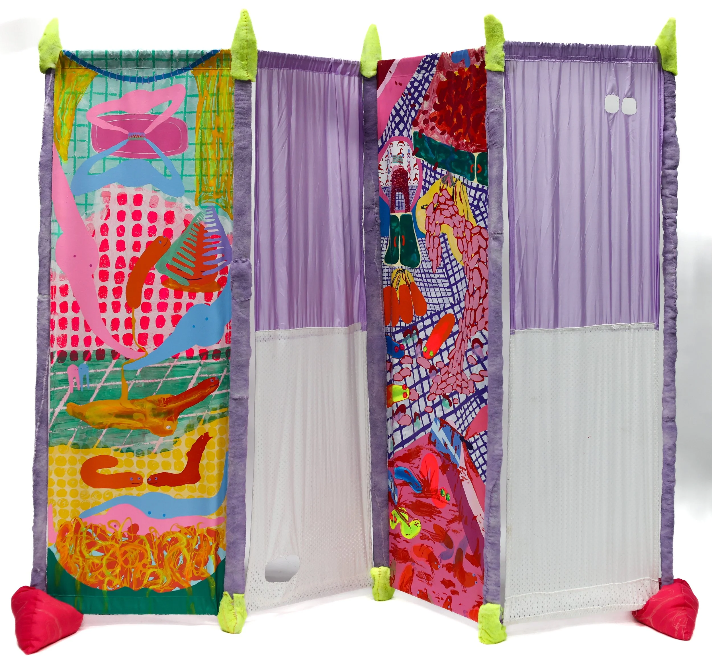 Peeping and Hiding / 2026 / Steel frame, polyester, upholstery batting, found fabric, acrylic, oil stick, thread / 71.5 X 88 X 1.5 inches / (side 1)