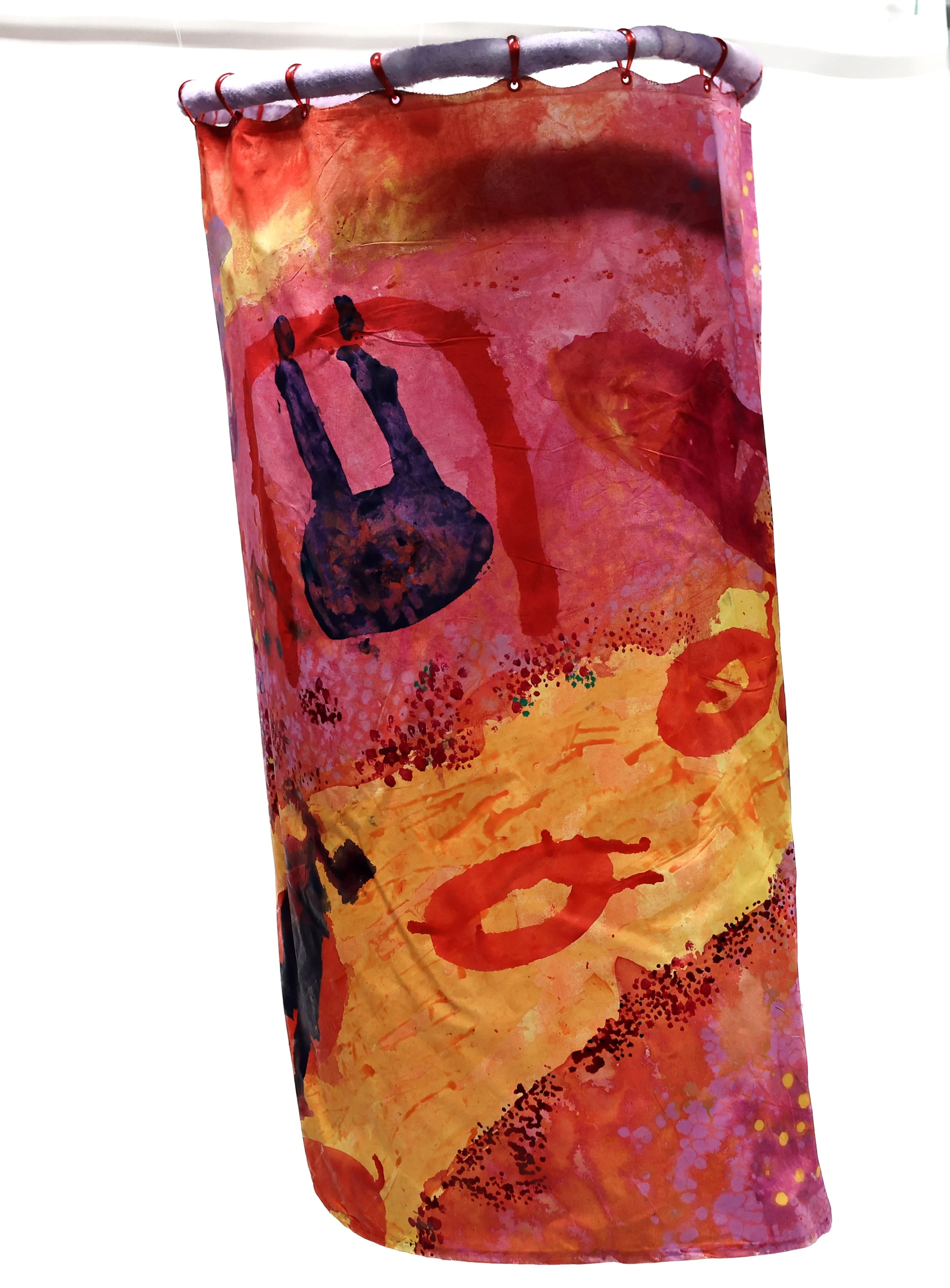 Shower Curtain for Guys / 2026 / Acrylic on cotton, upholstery batting, spray paint, fishing wire, found materials /32 x 32 x 63 inches 