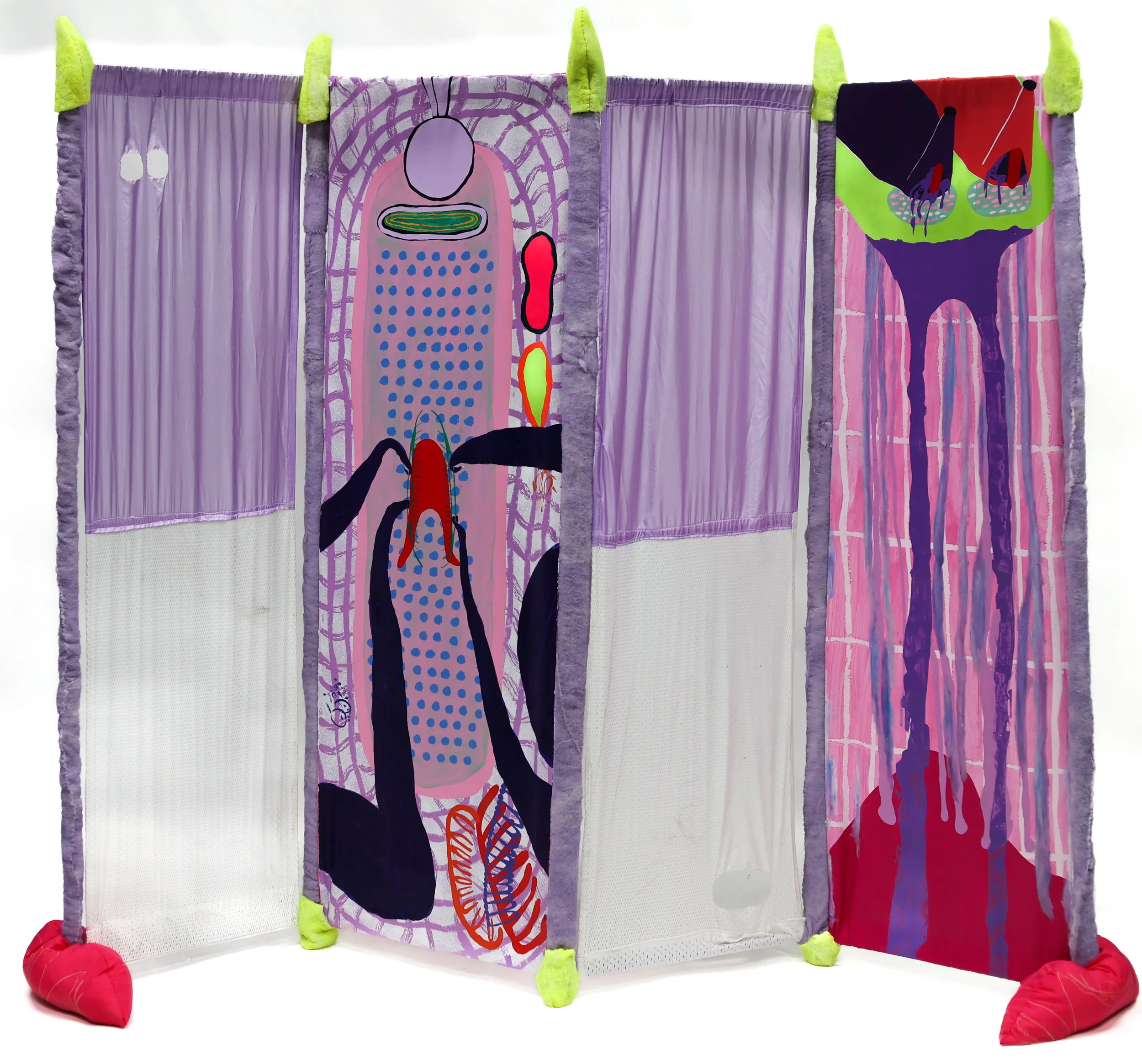 Peeping and Hiding / 2026 / Steel frame, polyester, upholstery batting, found fabric, acrylic, oil stick, thread / 71.5 X 88 X 1.5 inches / (side 2)