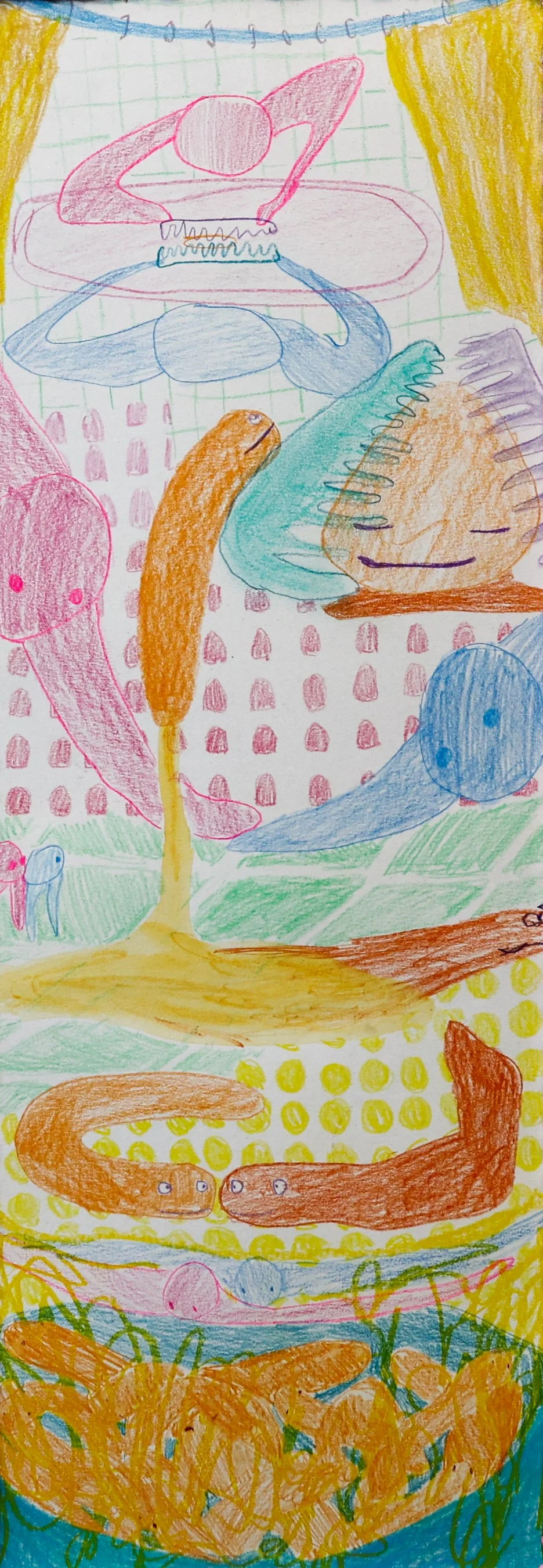 Spa Day Revelations / 2026 / Color pencil, oil pastel, and chalk pastel on paper / 19.5 x 8.5 inches