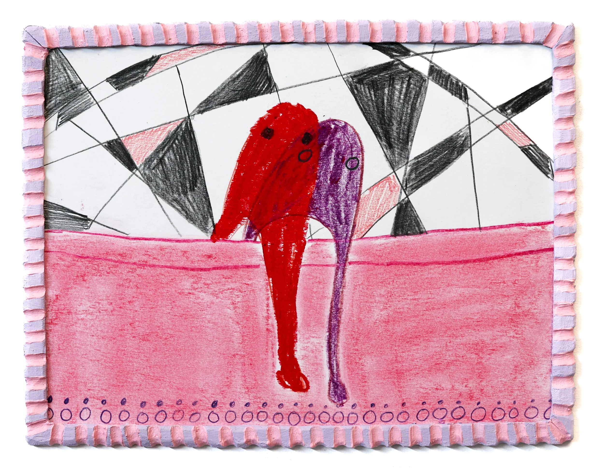 Dupe Reveal / 2026/ Colored pencil, oil pastel, and chalk pastel on paper, wood and acrylic frame / 9.25 X 12.25 inches