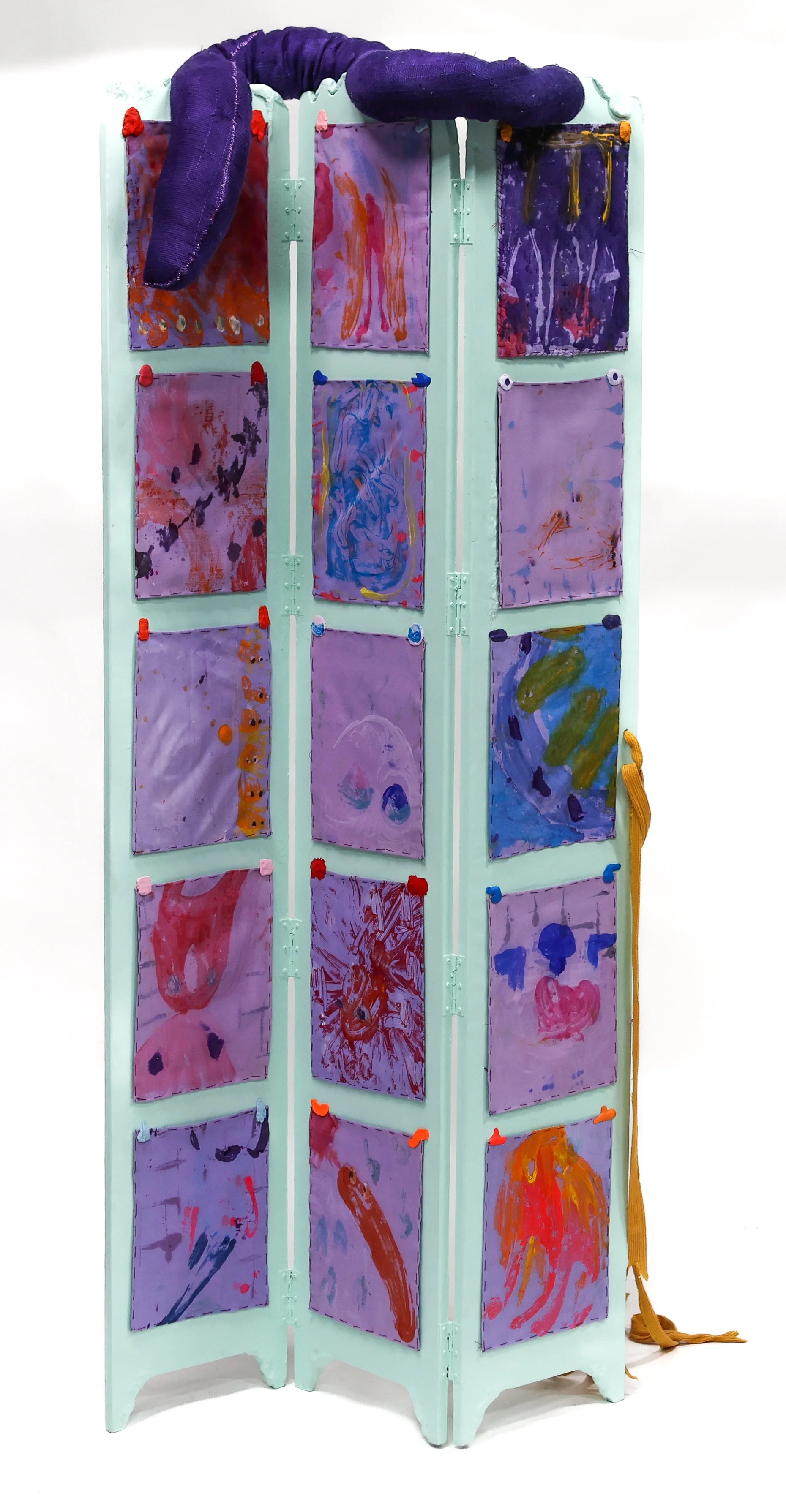 pencil, oil pastel, chalk pastel crayon, gouache,
and water color on paper, acrylic on recycled fabric, magnets, thread / 67.5 X 33.75 x 6 inches / (side 2)