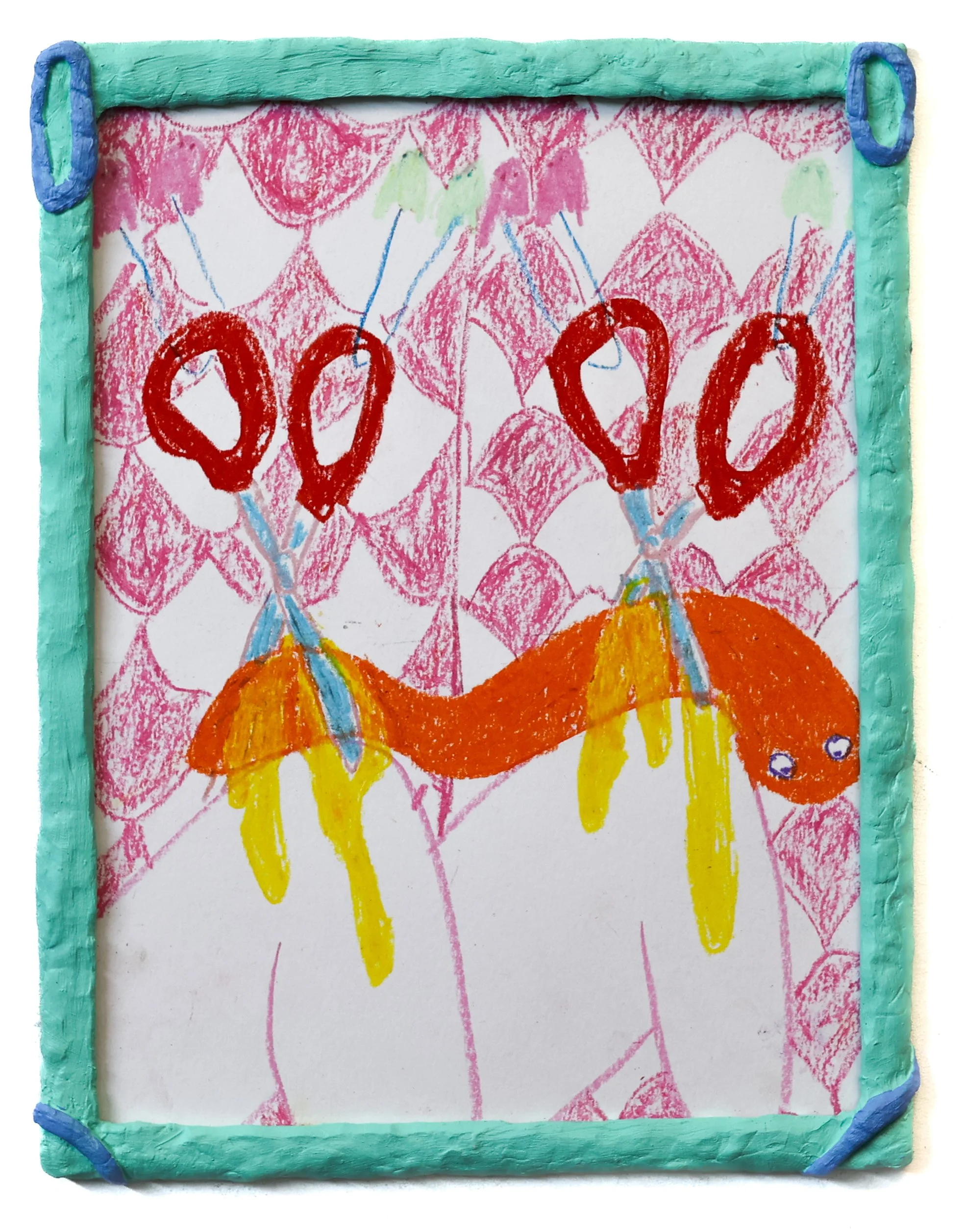 Improvisational Worm Juicing / 2026 / Oil pastel on paper, wood, epoxy, and acrylic frame / 12.5 X 9.5 inches