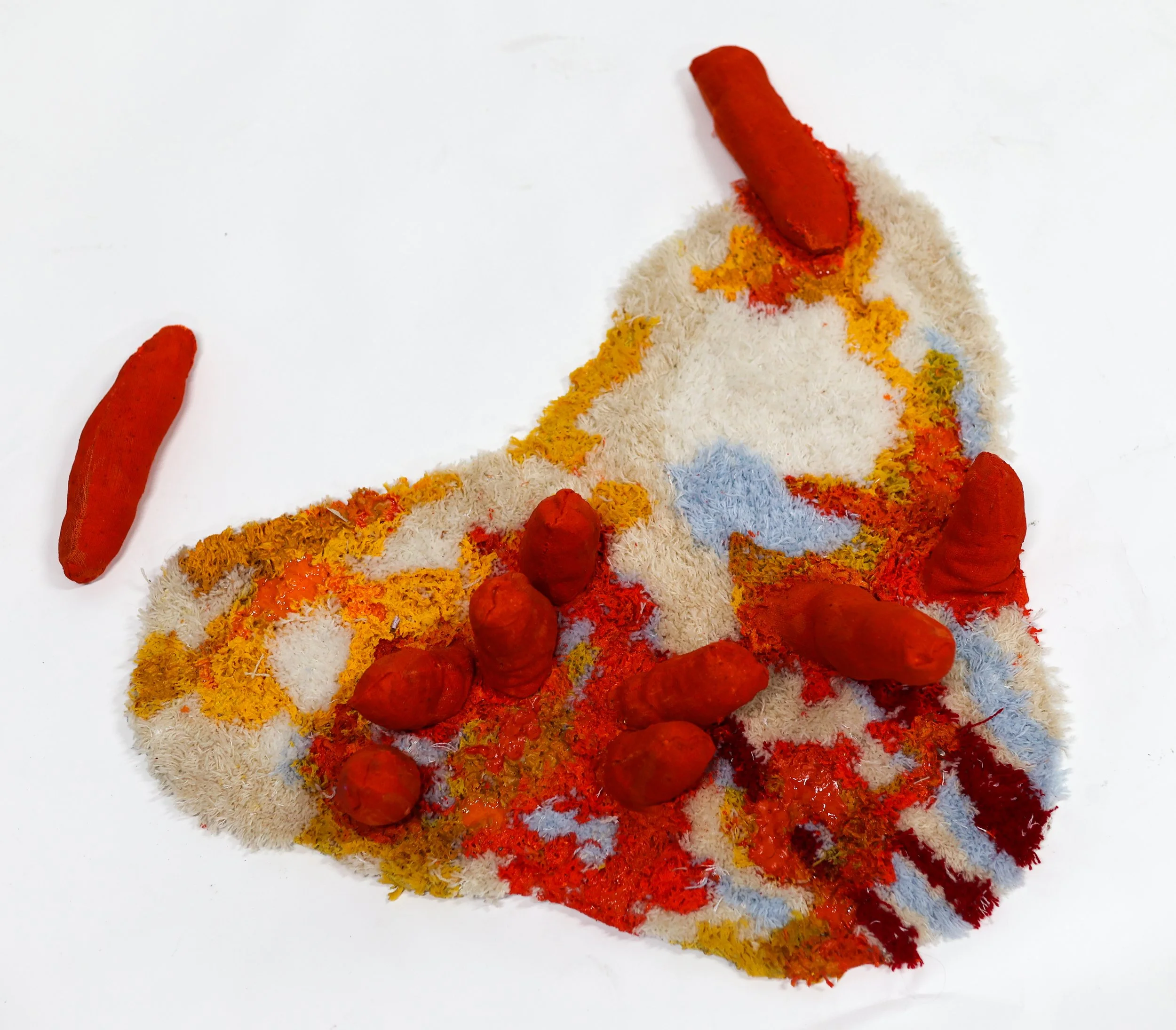 Fission Mat / 2026 / Tufted wool, fabric,
acrylic, thread, Polyfil / 35 X 25 inches +
additional 3 X 8 inch worm