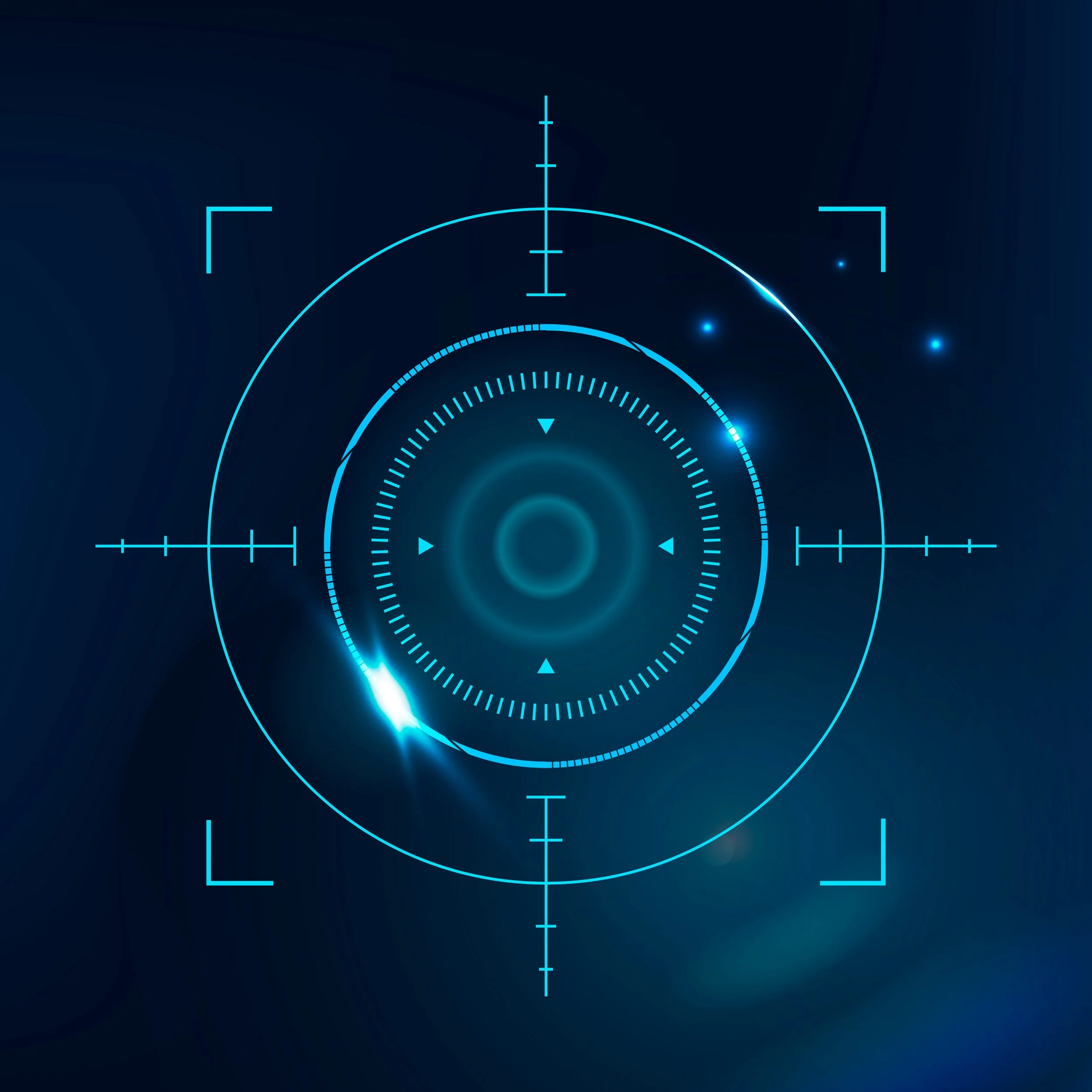 Futuristic digital target interface with glowing blue rings and crosshairs on a dark background.