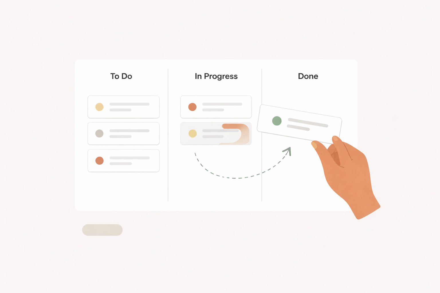 Illustration of a digital task management board with columns labeled 'To Do,' 'In Progress,' and 'Done.' A hand is moving a task card from the 'In Progress' column to the 'Done' column.