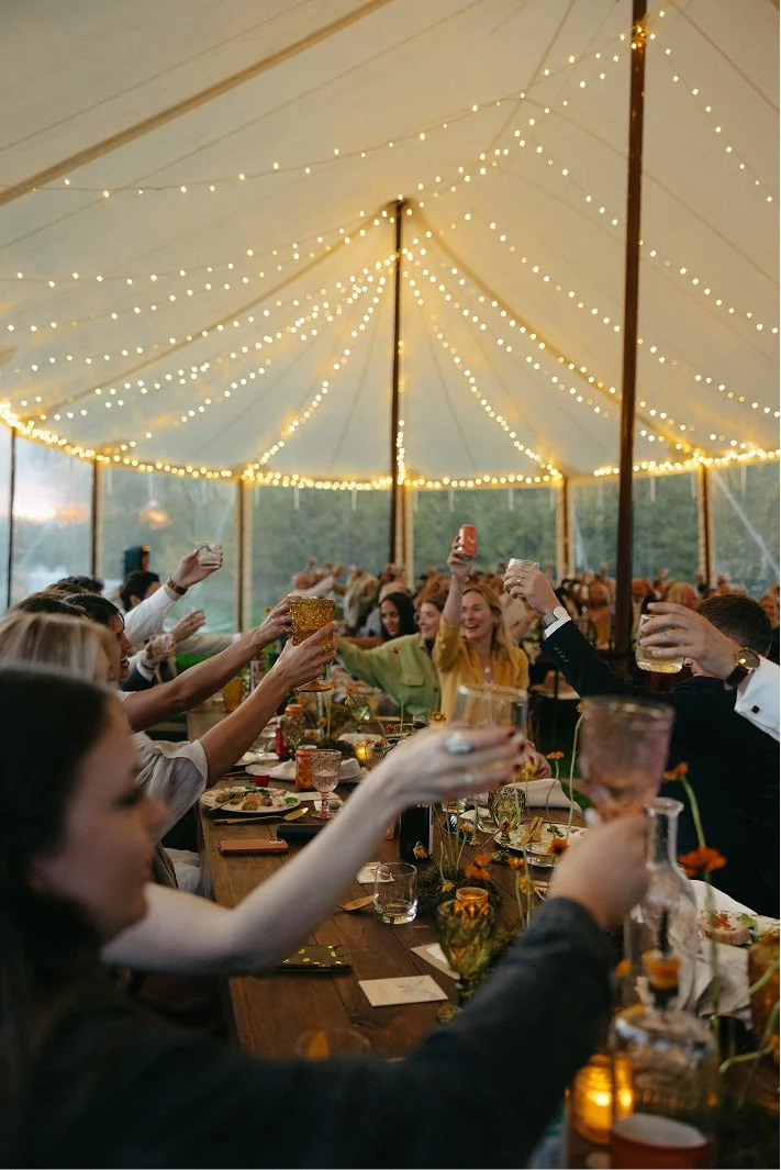 People celebrating at a dinner party inside a tent with string lights, raising glasses for a toast.