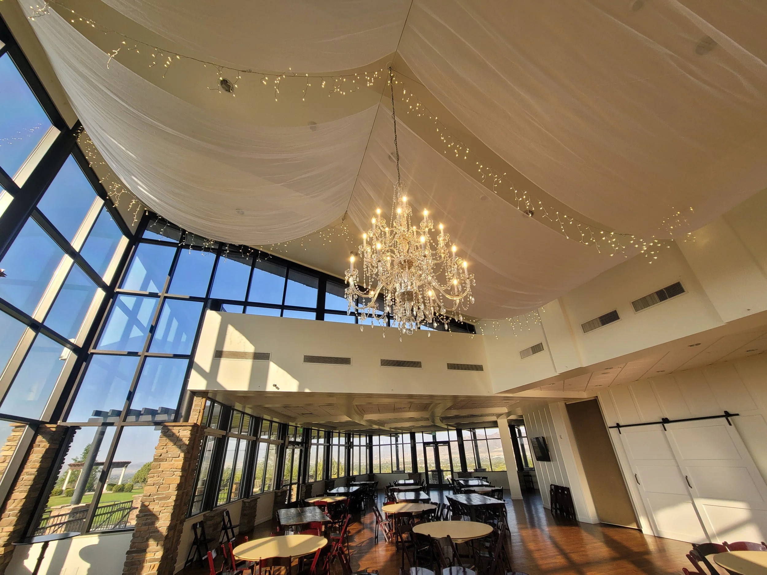 Titanic Chandelier with Spread Peaked Fabric and Twinkle Lights