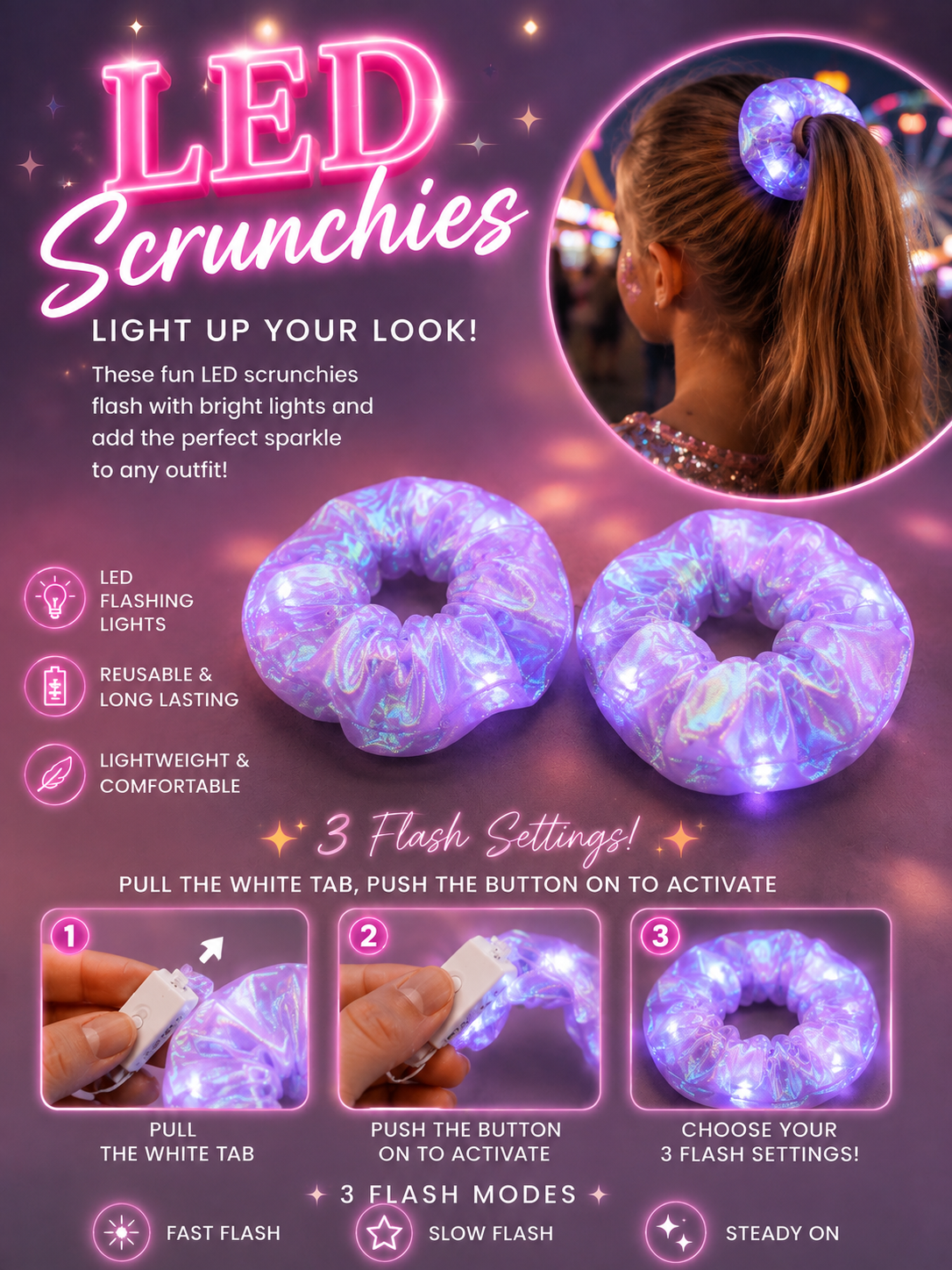 LED Scrunchies Purple x2
