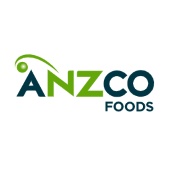 ANZCO Foods logo with stylized green and blue text and a swoosh design.