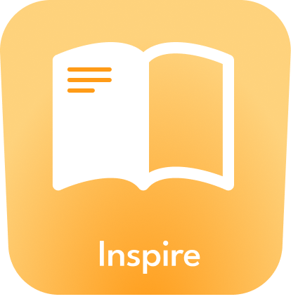 Icon of an open book with text lines inside and the word 'Inspire' below, on an orange gradient background.