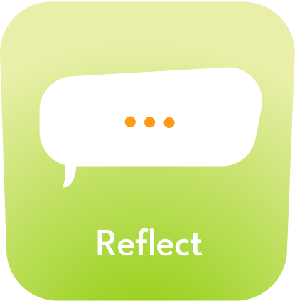 Green background with a white speech bubble containing three orange dots and the word "Reflect" below.