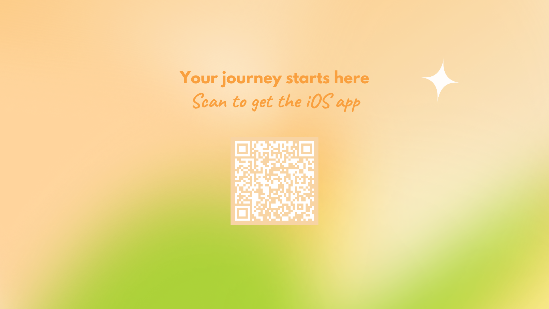 A colorful gradient background with text that says 'Your journey starts here. Scan to get the iOS app,' and a QR code in the center.