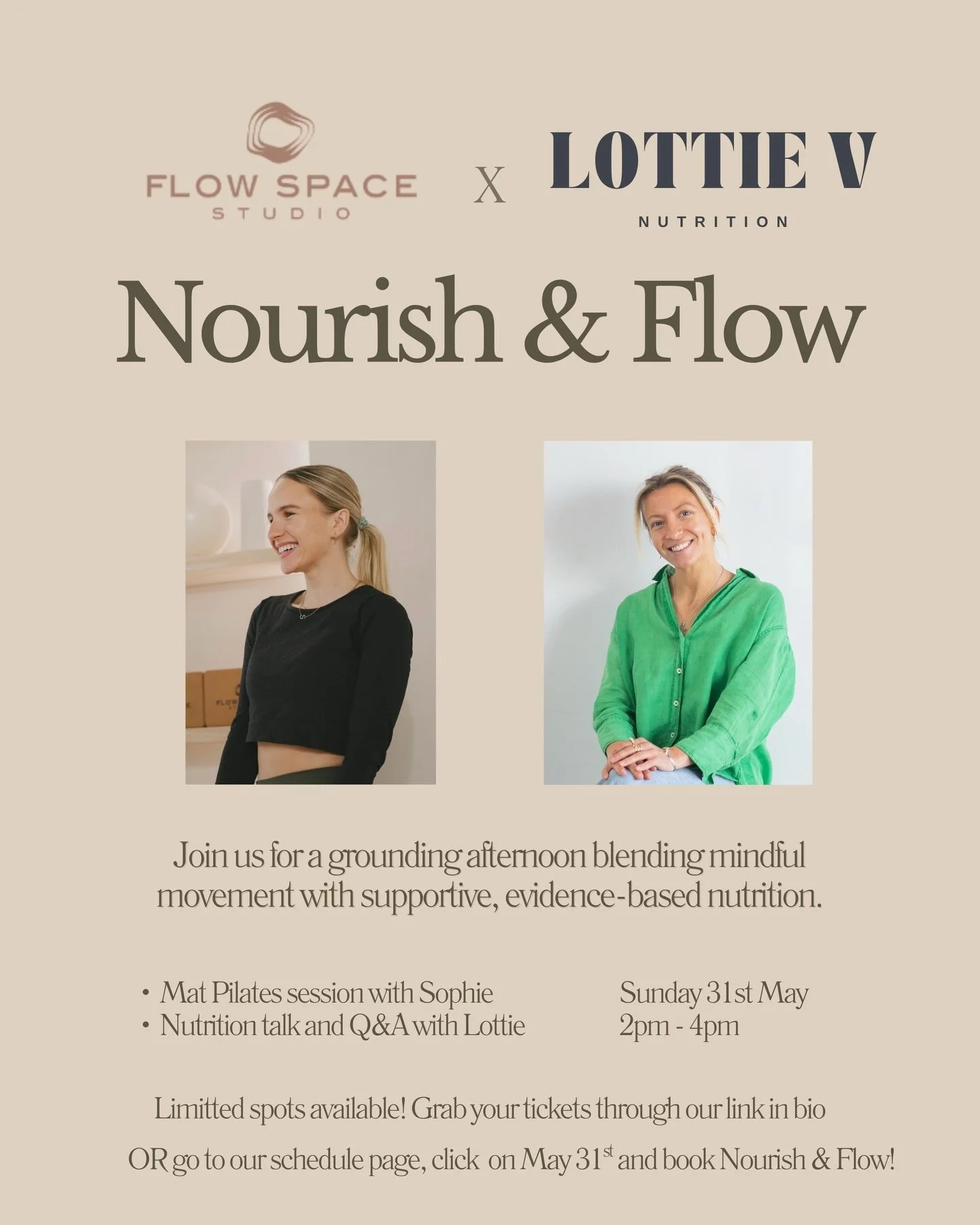Join us for an afternoon of wellness. Nourish &amp; Flow is a 2-hour wellness workshop hosted by Flow Space in collaboration with Lottie V Nutrition 🌱🧘🏼&zwj;♀️✨

The afternoon will begin with a 45-minute mat Pilates class led by Sophie, followed b