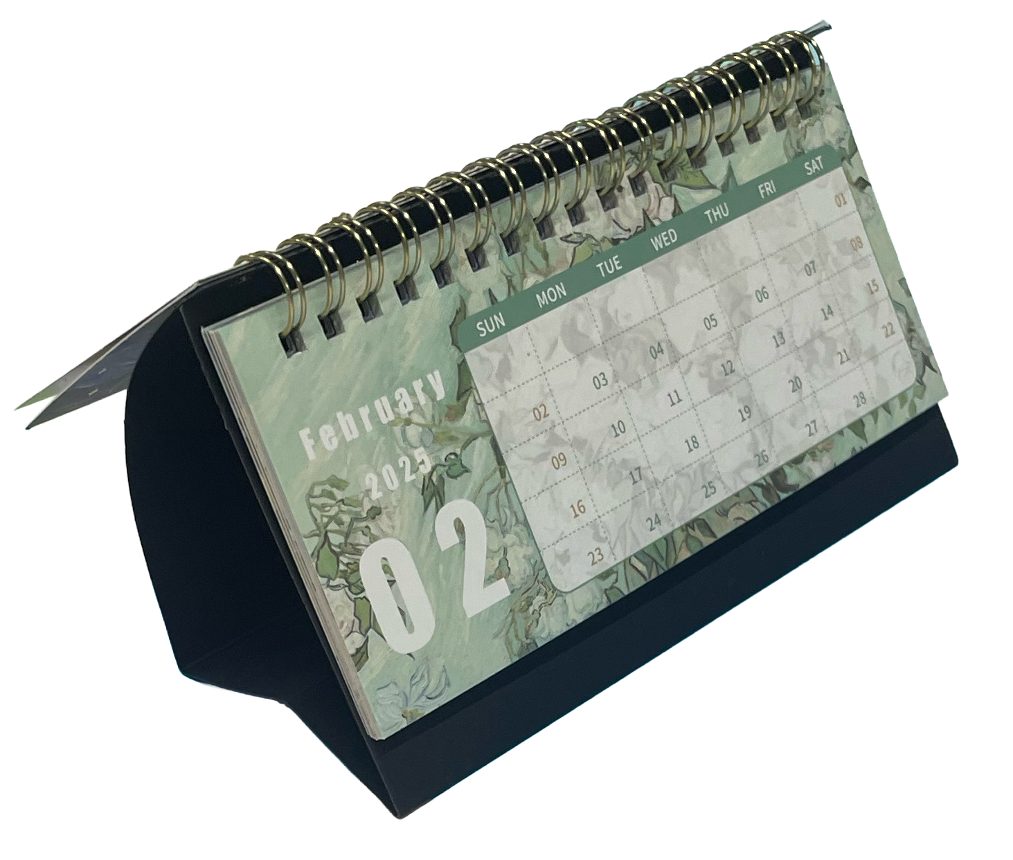 Picture of a calendar sate on a table. The calendar is green, shows the whole month of February.