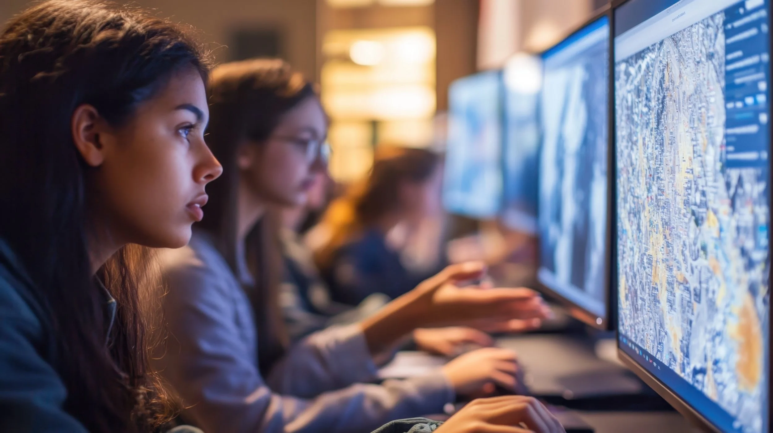 A young woman working on a computer in a classroom or lab with other students, focusing on a detailed map or digital mapping project on her screen.