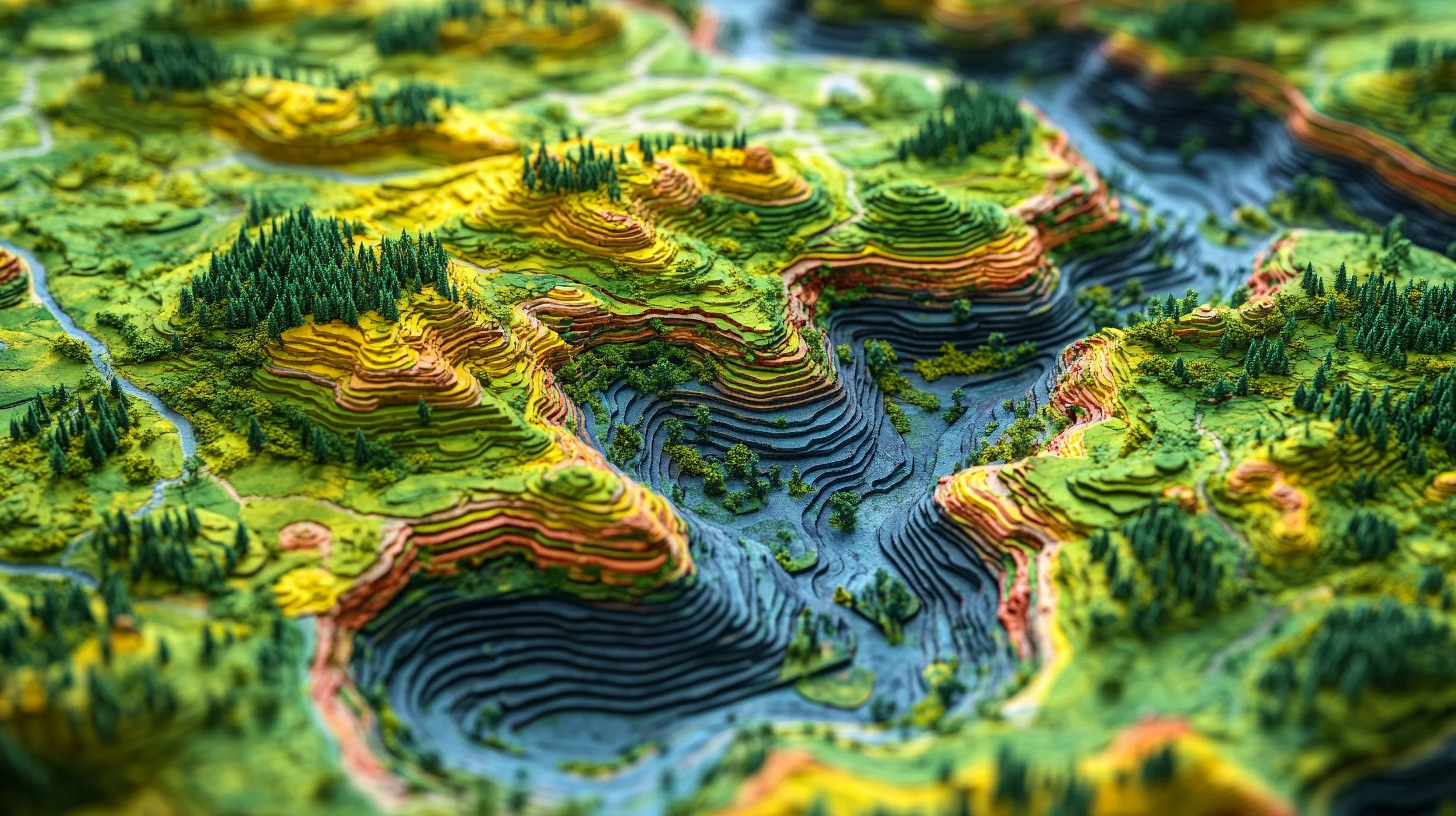 A colorful topographic map of a landscape with hills, forests, and water bodies, depicted with layered paper-like textures.