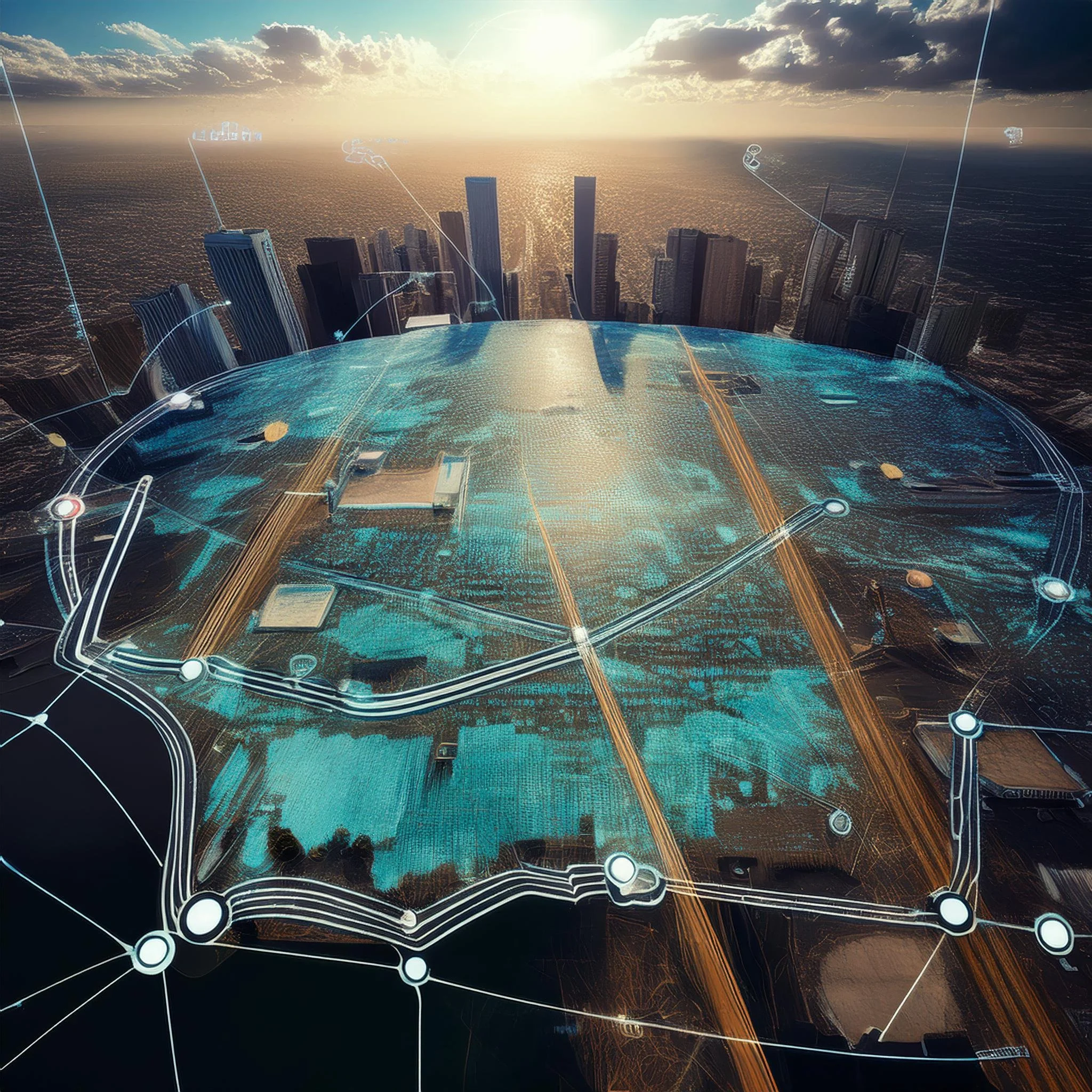 A cityscape at sunset with digitally overlaid holographic network connections and futuristic interface elements.