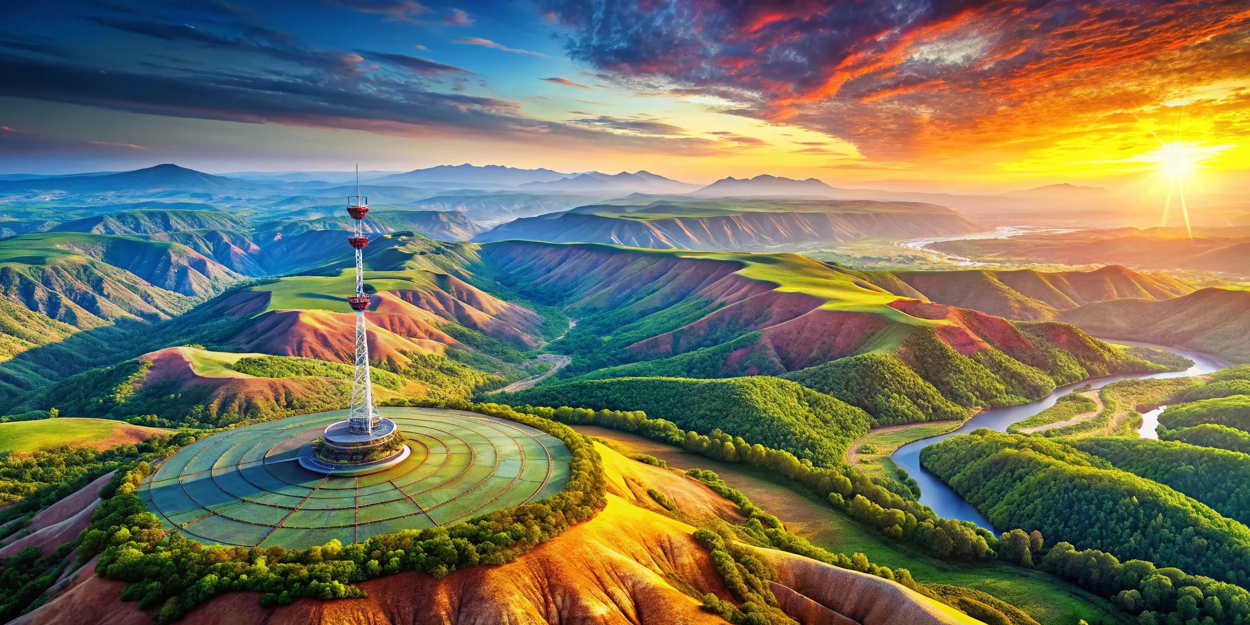 Vivid sunset over rolling green hills with a winding river, lush forests, and a tall radio tower in the foreground.