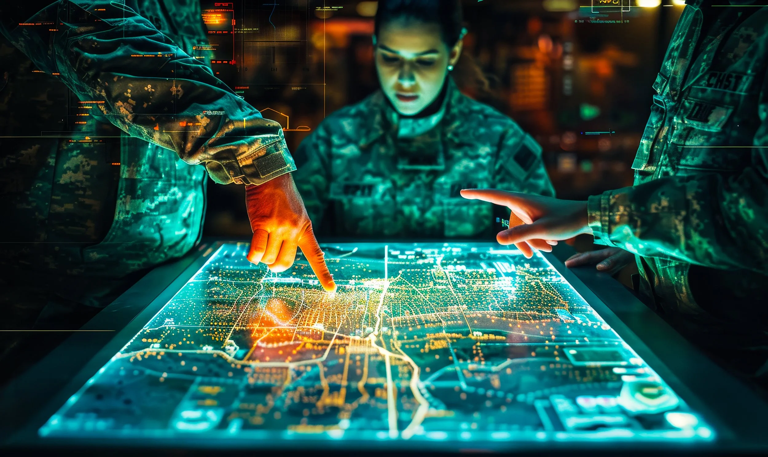 Military personnel in camouflage uniforms working together at a digital touchscreen table displaying a detailed map with glowing orange and blue graphics.