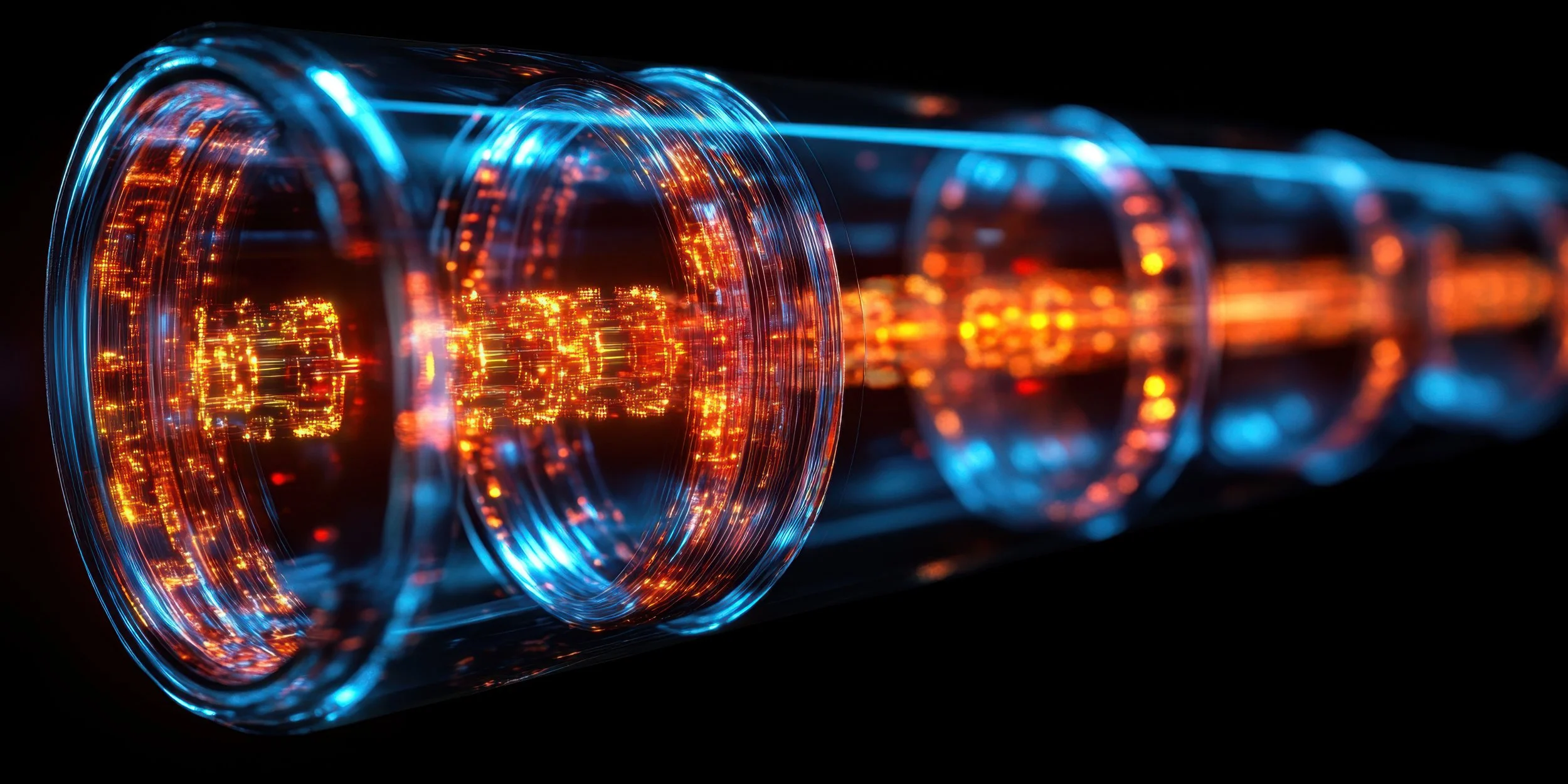 Futuristic phaser with illuminated blue and orange circuit lines in a dark setting.