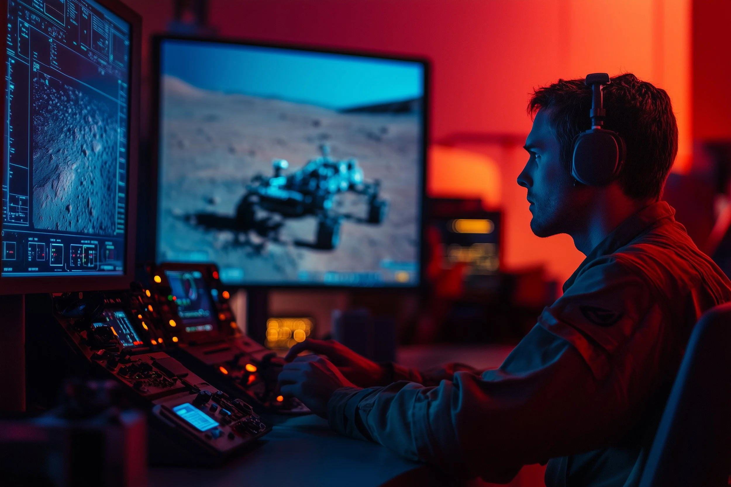 A person wearing a headset working at a computer station with multiple monitors, one showing a rover on a moon-like surface, in a red-lit room.