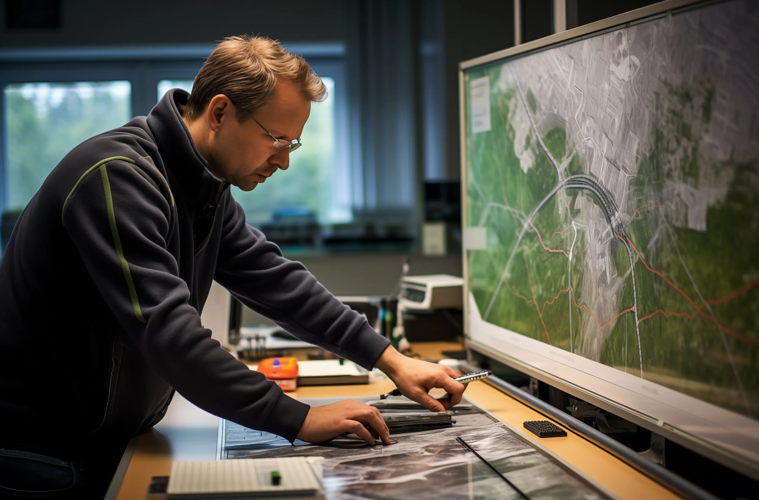 A man with glasses and a dark jacket is working with maps and a large display screen showing a road map in an office.