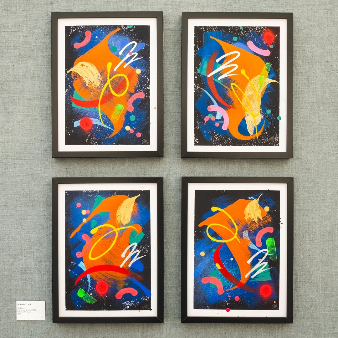 'Studies 1 to 4', 30x40cm, acrylic and spray, 380g Hahnemühle paper framed,
Chromadepth 3D,  2023