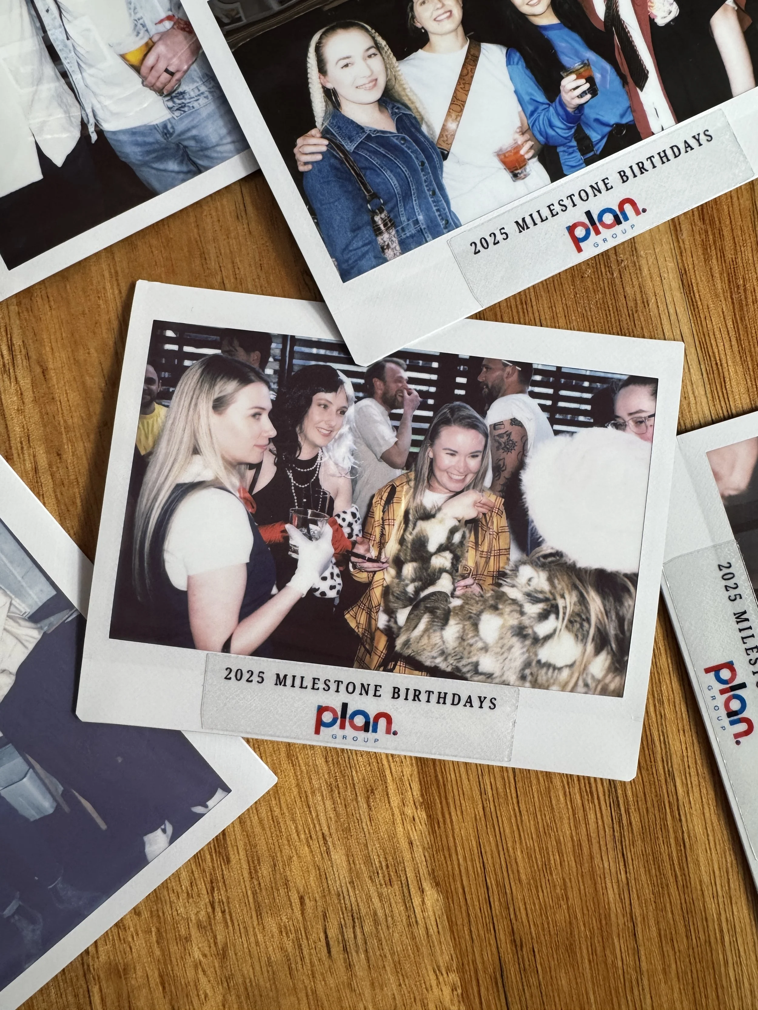Photographs of people at a birthday celebration, with one photo showing a group of women in costume with a person in a tiger costume, and another photo with a group of women holding drinks and smiling.