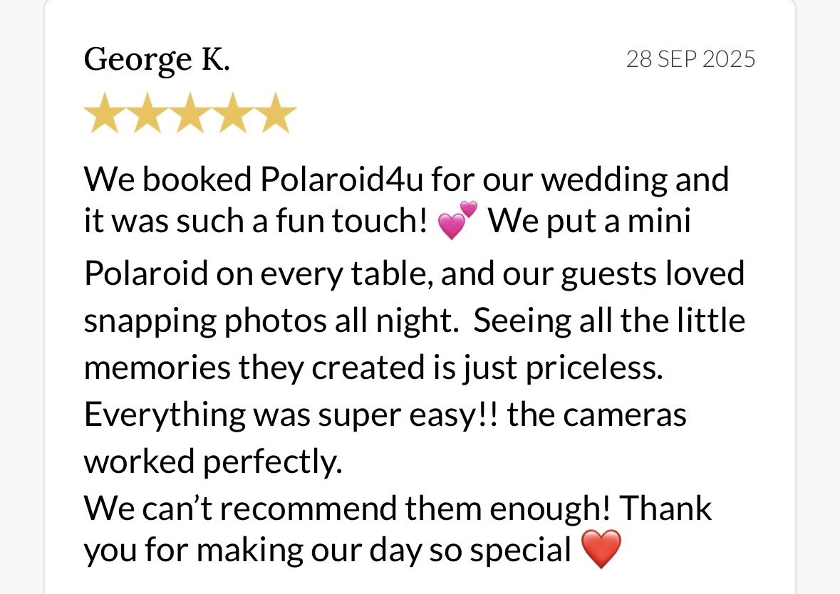 Testimonial review for Polaroid4u with five gold stars, dated 28 September 2025, praising the mini Polaroids at a wedding and mentioning enjoyment of taking photos with guests.