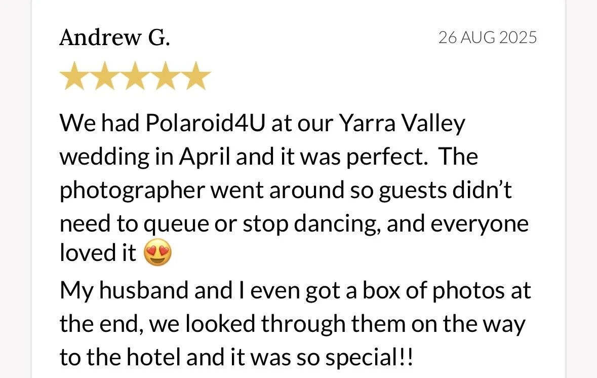 Wedding guest review with a five-star rating, dated 26 August 2025, describing a Polaroid4U photo service at a Yarra Valley wedding.