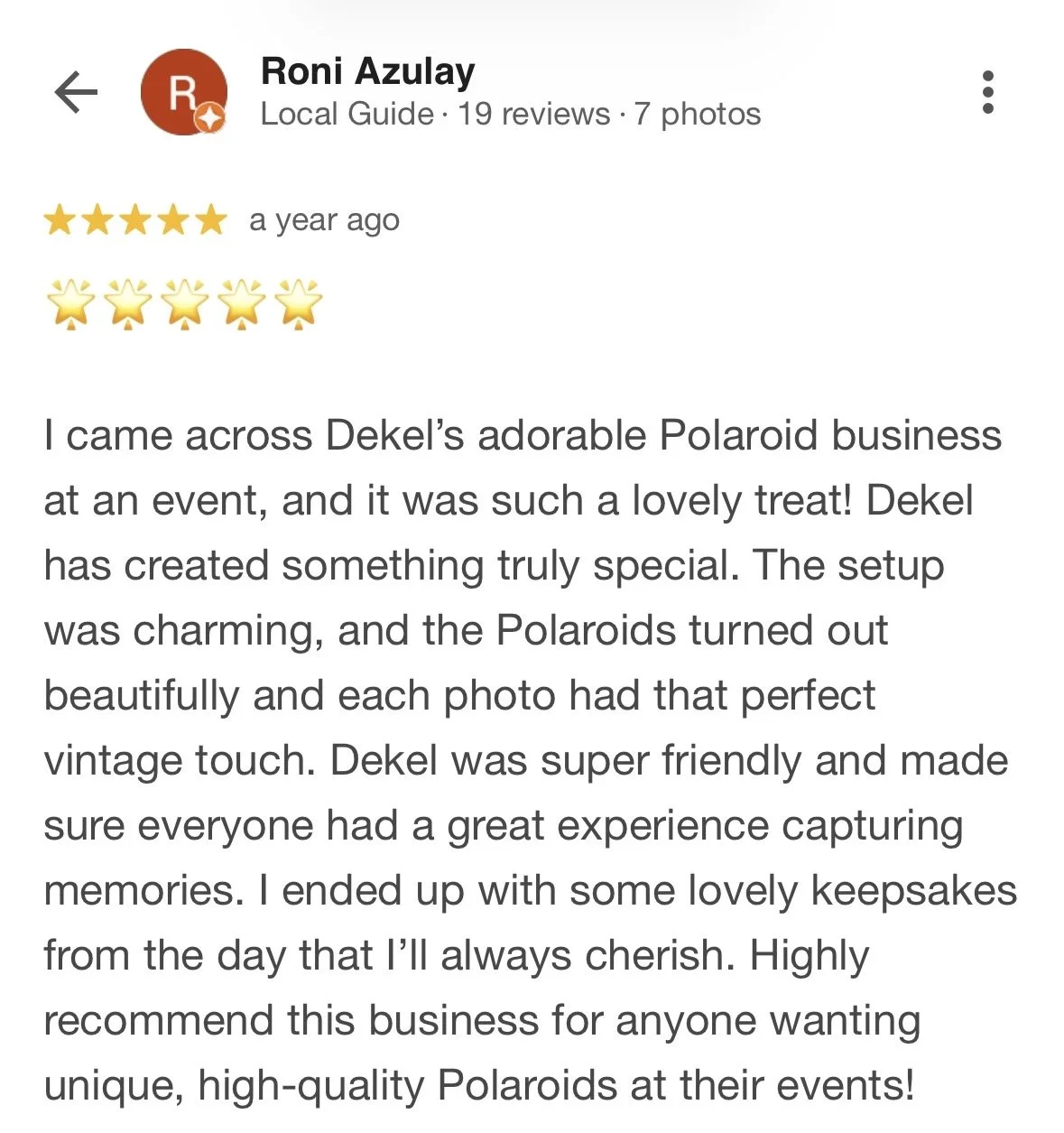 Screenshot of a Google review for Roni Azulay, a local guide, with five stars and glowing customer feedback about a Polaroid business event at Dekel, highlighting the charming setup, vintage photos, and keepsakes.