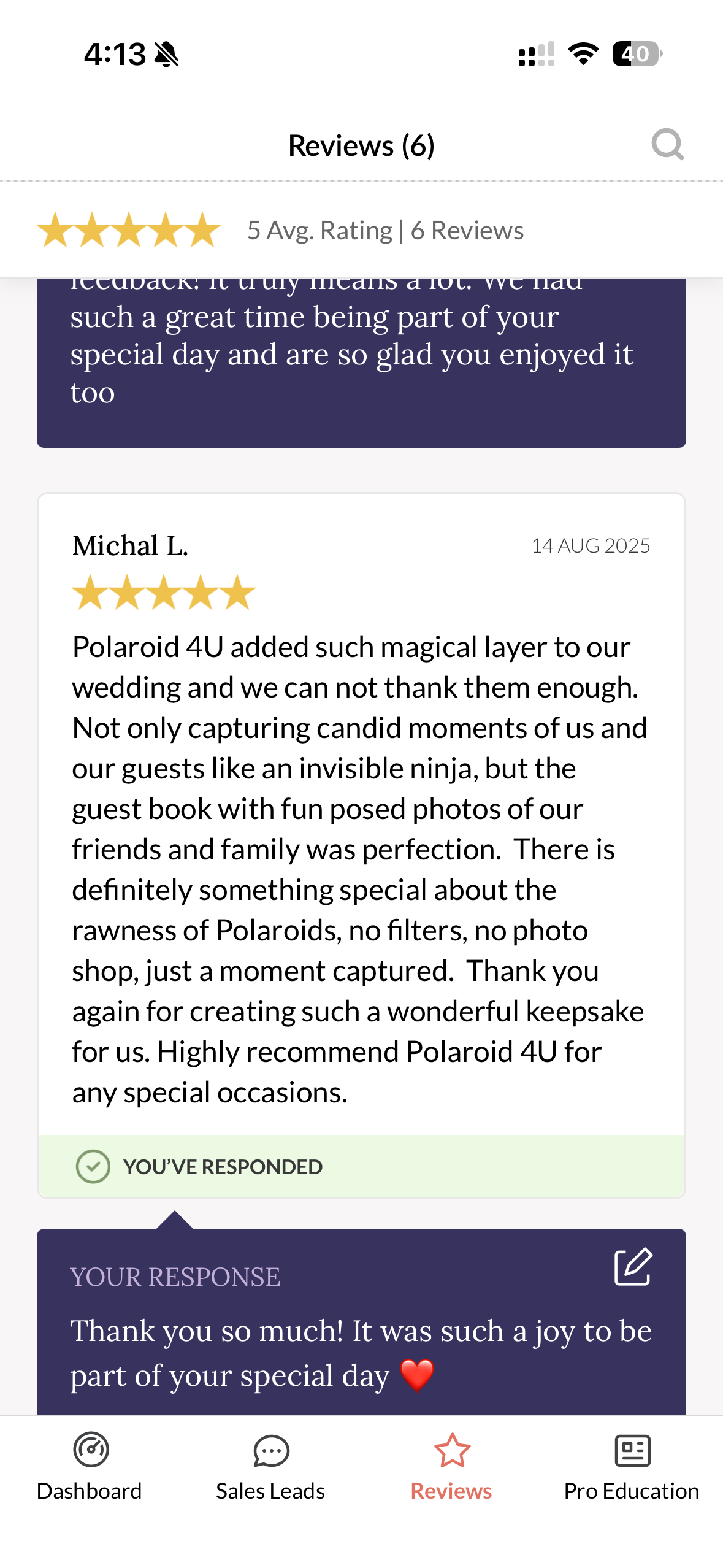 Screenshot of a mobile app showing a five-star customer review for a wedding photography service, with a response from the business and options for dashboard, sales leads, reviews, and professional education.