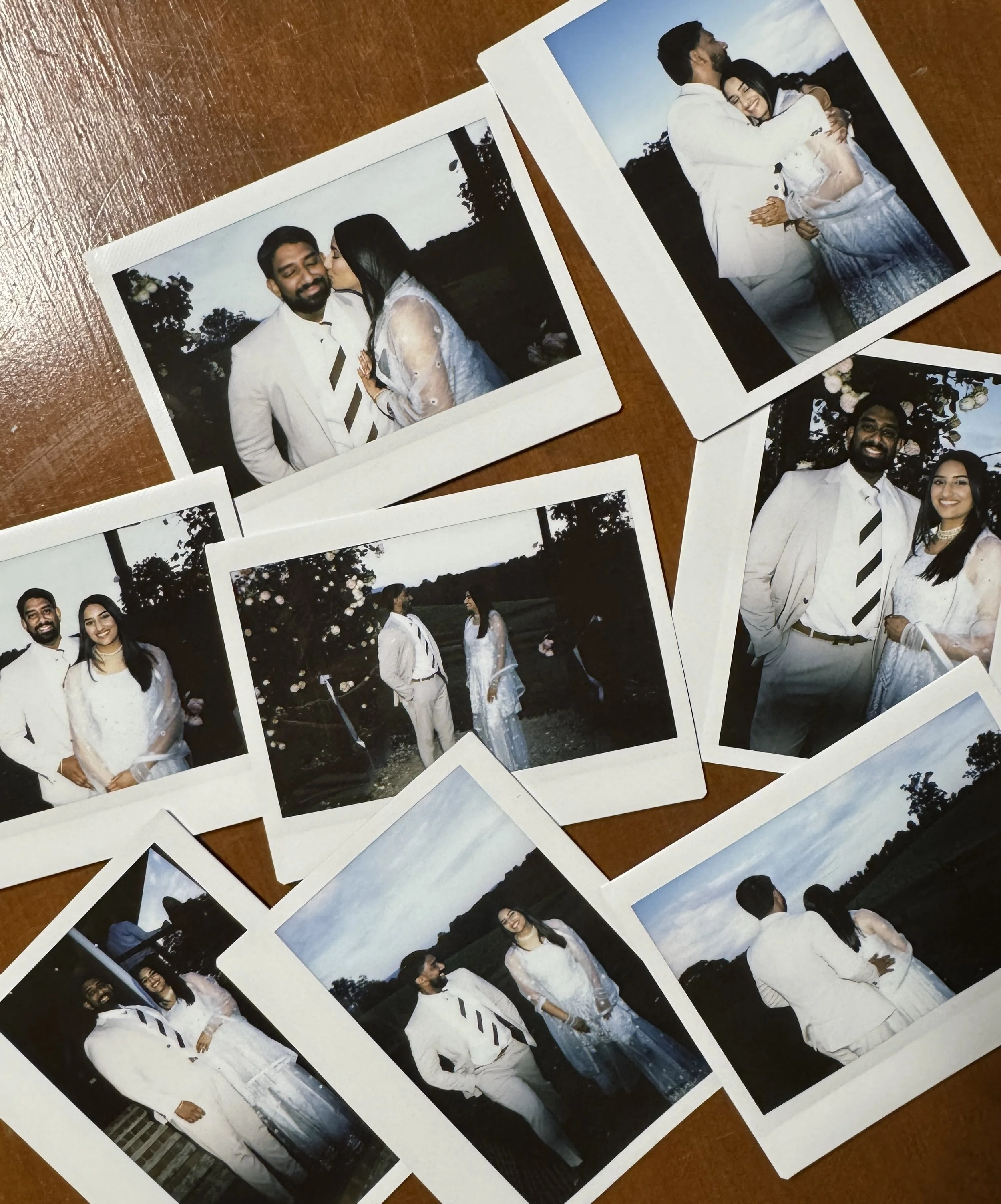 Collection of wedding photographs featuring a couple in white attire, with outdoor scenery and trees in the background, captured during sunset or evening.