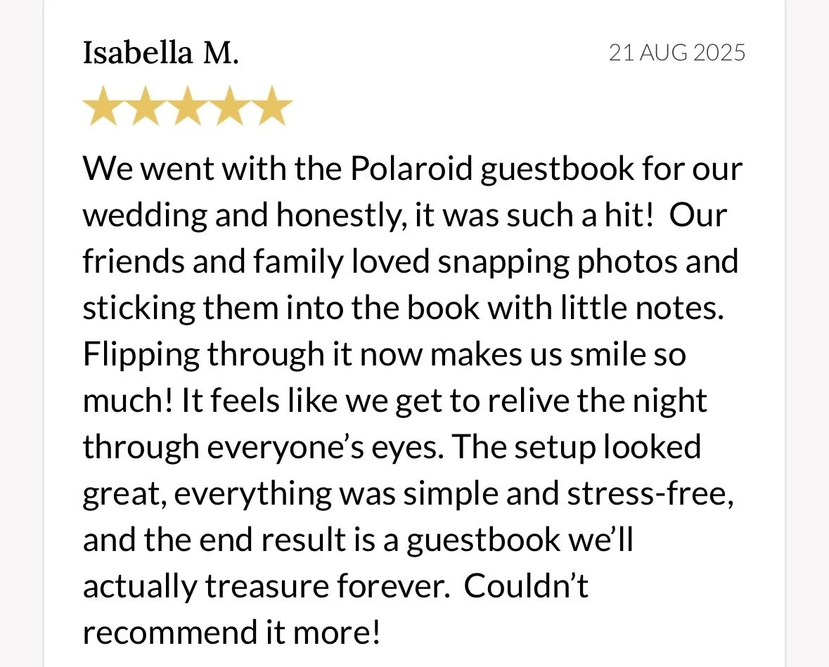 A wedding guestbook page with the name Isabella M., date August 21, 2025, five gold stars, and a testimonial about a Polaroid guestbook.