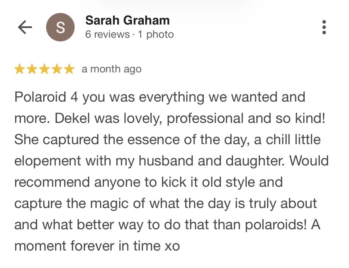 Screenshot of a hotel review for Sarah Graham, praising Polaroid 4 camera work with her husband and daughter, complimenting photographer Dekel.