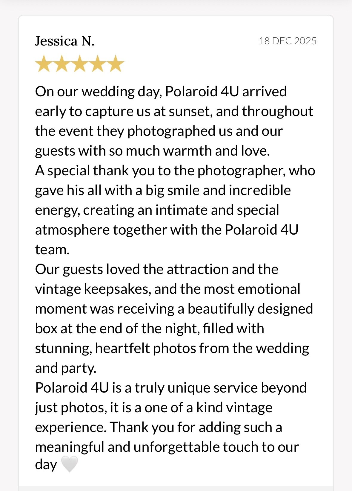 A wedding guestbook entry with a five-star review written by Jessica N. dated December 18, 2025, describing her positive experience with Polaroid 4U at her wedding, mentioning photography and keepsakes.