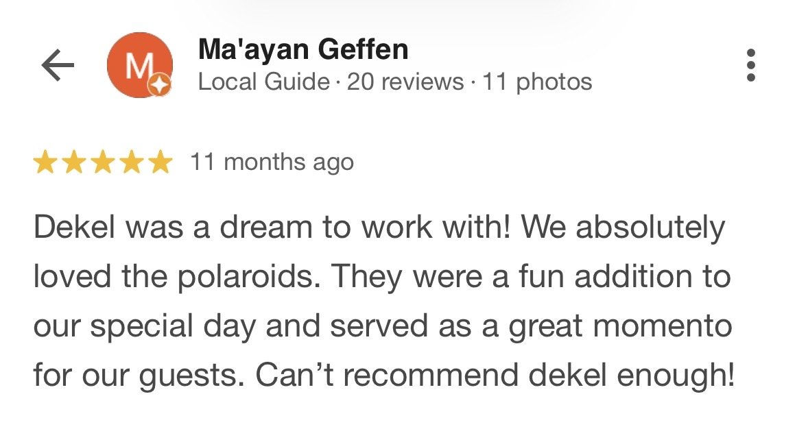 Screenshot of a Google review for Ma'ayan Geffen, a local guide with 20 reviews and 11 photos, praising Dekel for his work with Polaroids and describing it as a fun addition to a special day for guests.