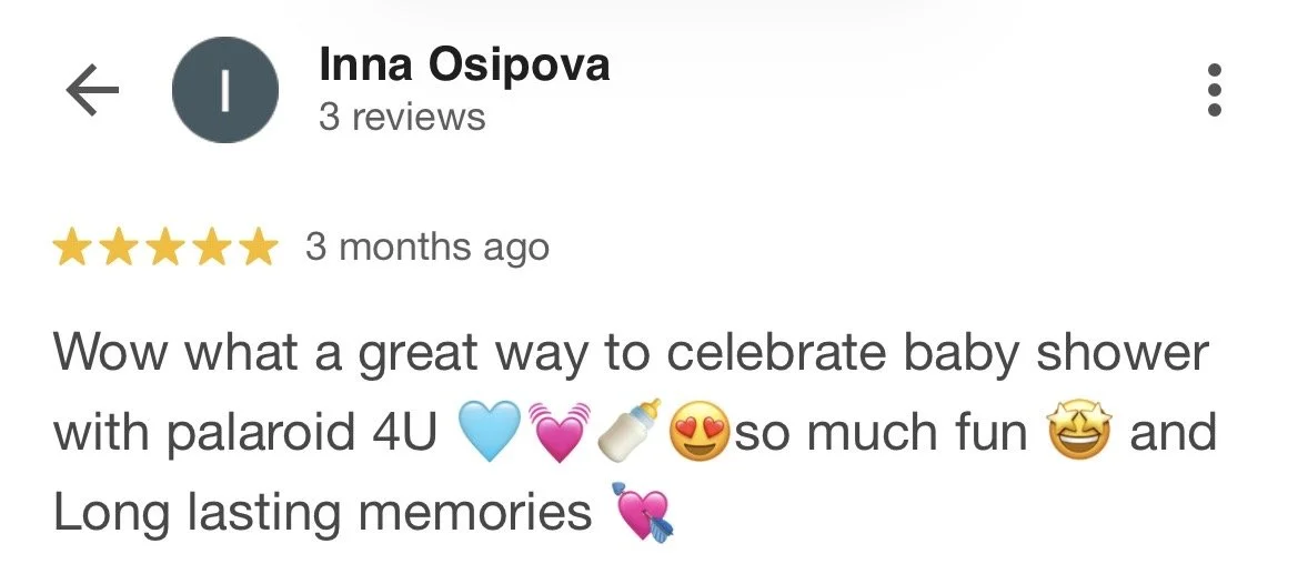 Screenshot of a Google review by Inna Osipova with a 5-star rating, praising a baby shower celebration with Polaroid pictures, emojis of hearts, a baby bottle, a smiling face, and a laughing face.