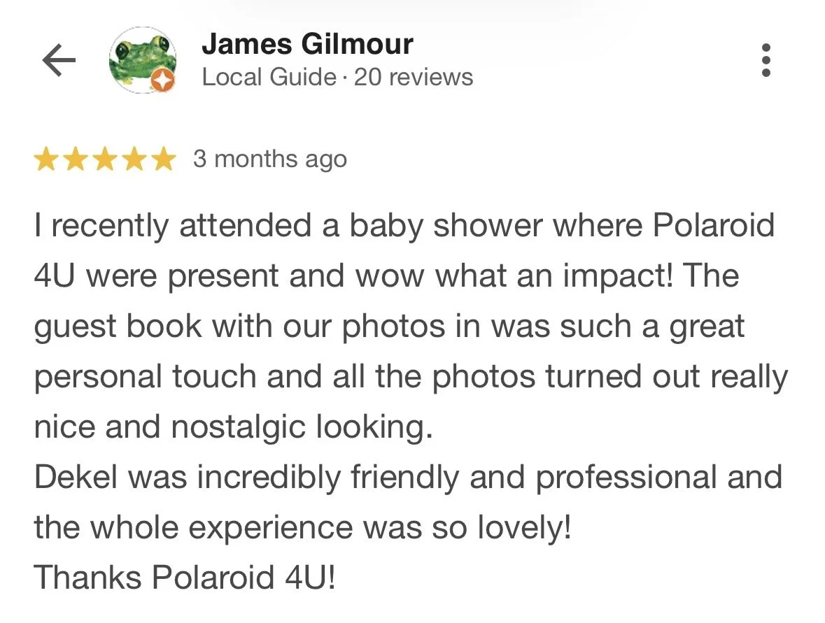 Screenshot of a Google review by James Gilmour for Polaroid 4U, describing a positive experience at a baby shower with Polaroid photos and friendly service.